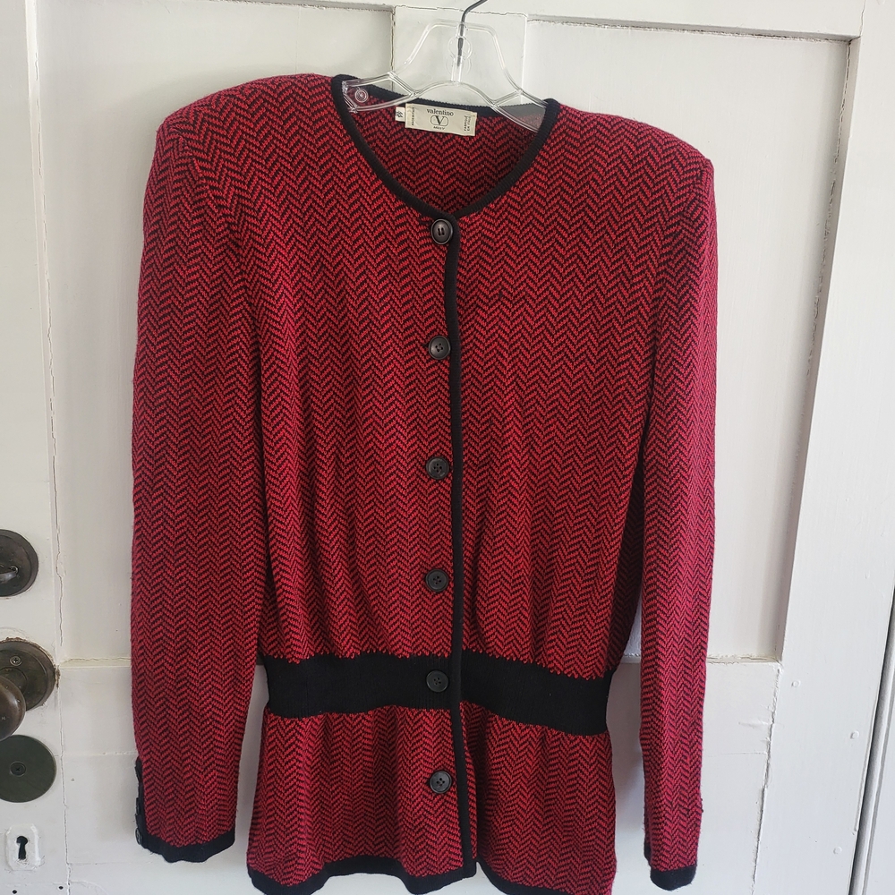 Valentino Red and Black Chevron Cardigan